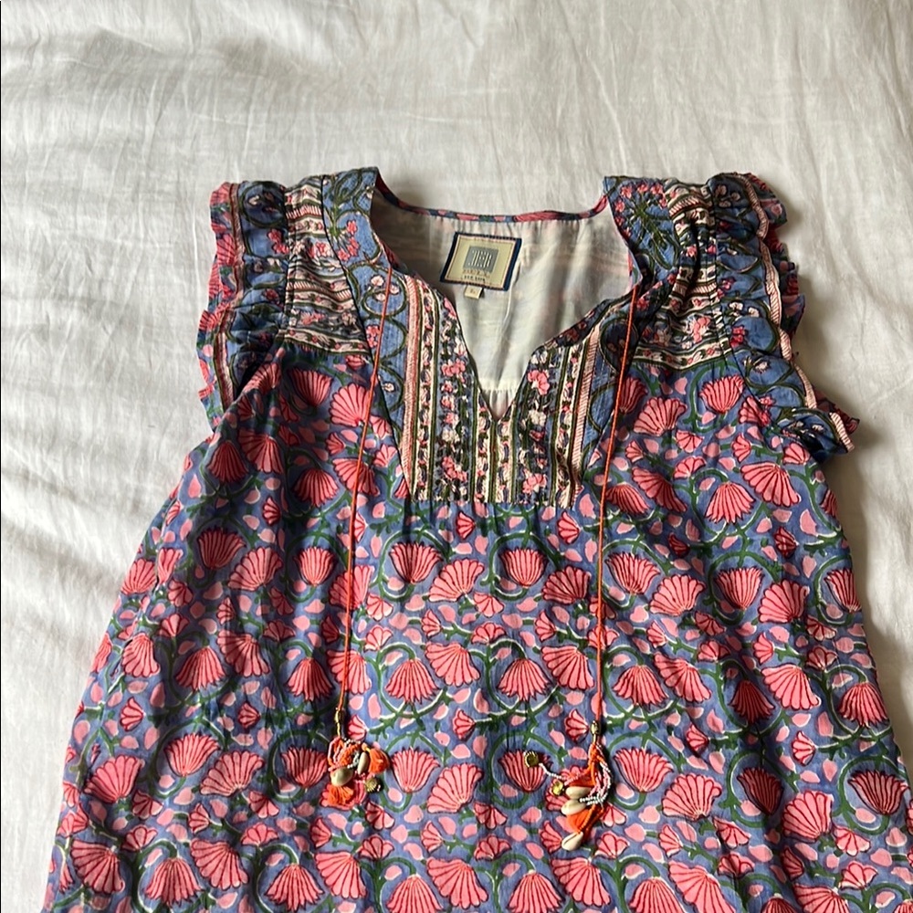 Pink and Blue Sleeveless Ruffled Midi Sundress
